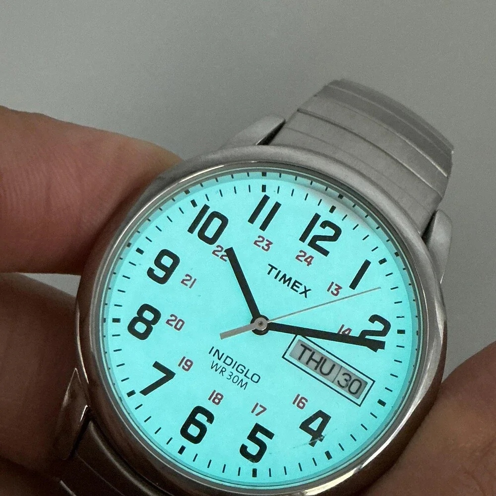 Timex Men Watch 35mm White Dial Silver Tone Stretch Indiglo Day Date New Battery